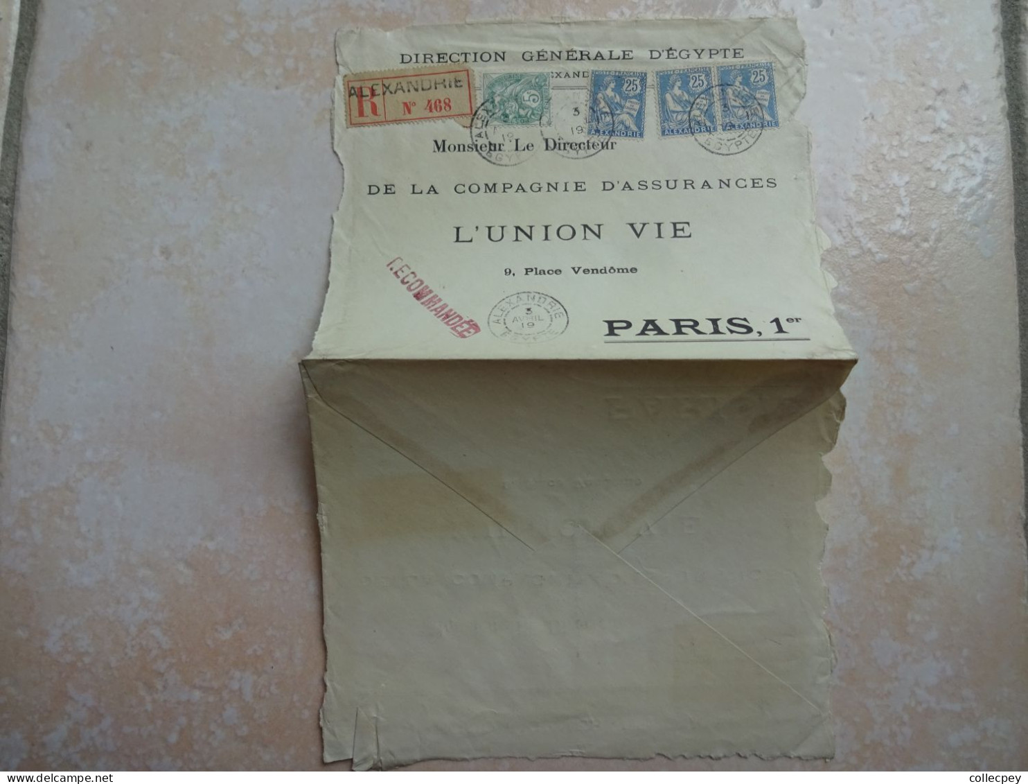 EGYPTE ALEXANDRIE ENVELOPPE LETTRE Recommandée 1919 Timbre Français Oblitération - Cartas & Documentos