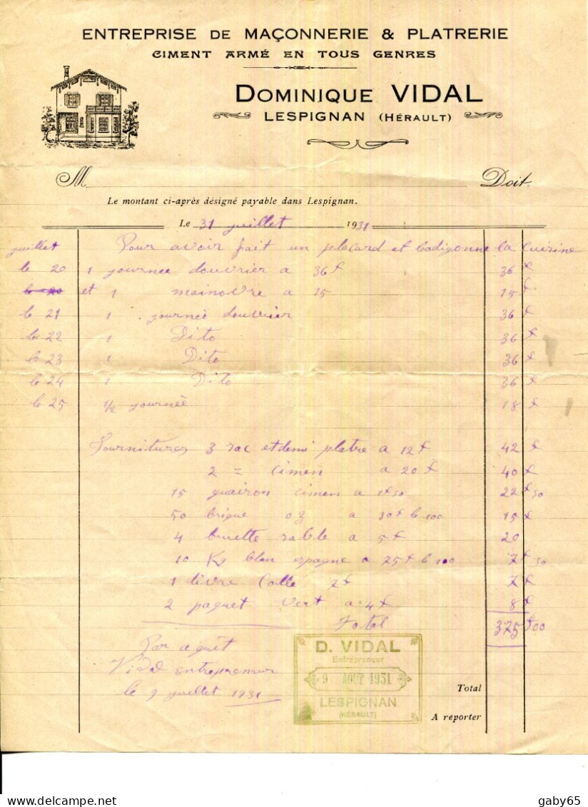 FACTURE.34.LESPIGNAN.ENTREPRISE DE MAÇONNERIE & PLATRERIE.DOMINIQUE VIDAL - Old Professions