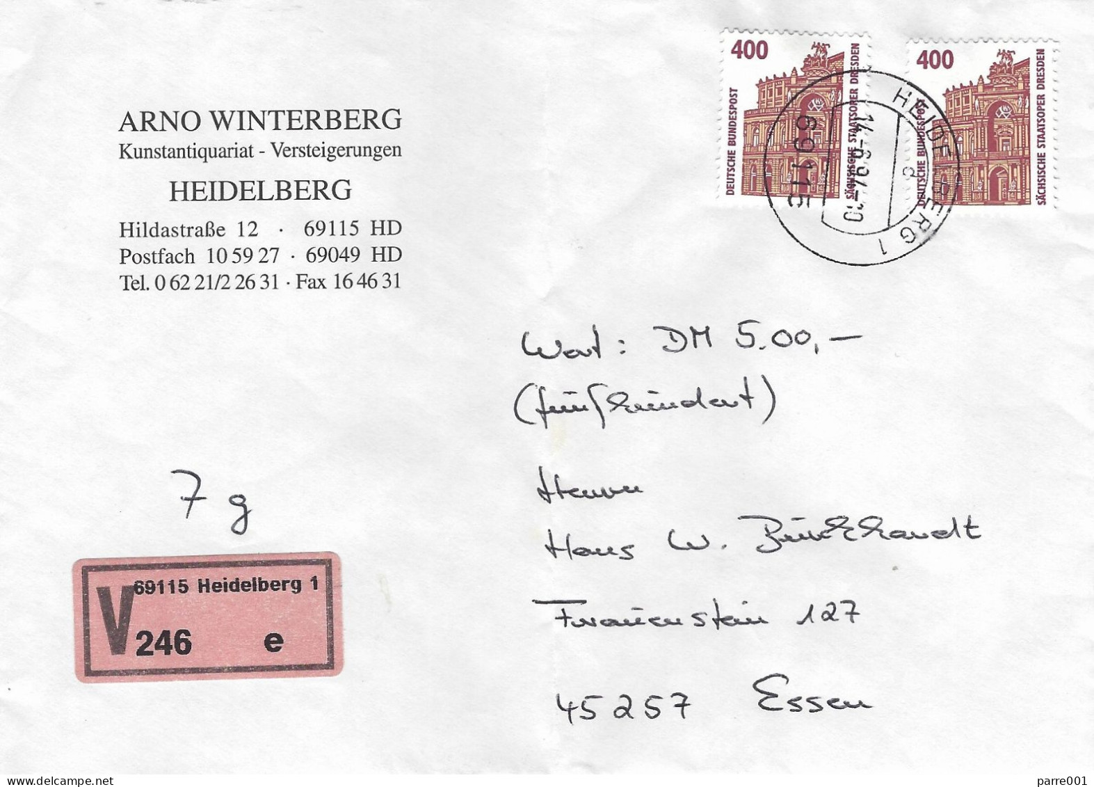 Deutschland Germany 1994 Heidelberg Staatsoper Dresden Wertbrief Value Declared Cover - R- & V- Viñetas