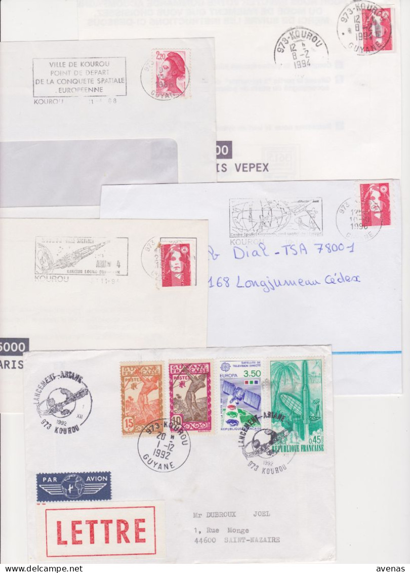 Lot Département 973 GUYANE : 5 Plis Bureau KOUROU ( TàD Manuel - Machine SECAP ) Base Spatiale Lancement Ariane 1992 - Lettres & Documents