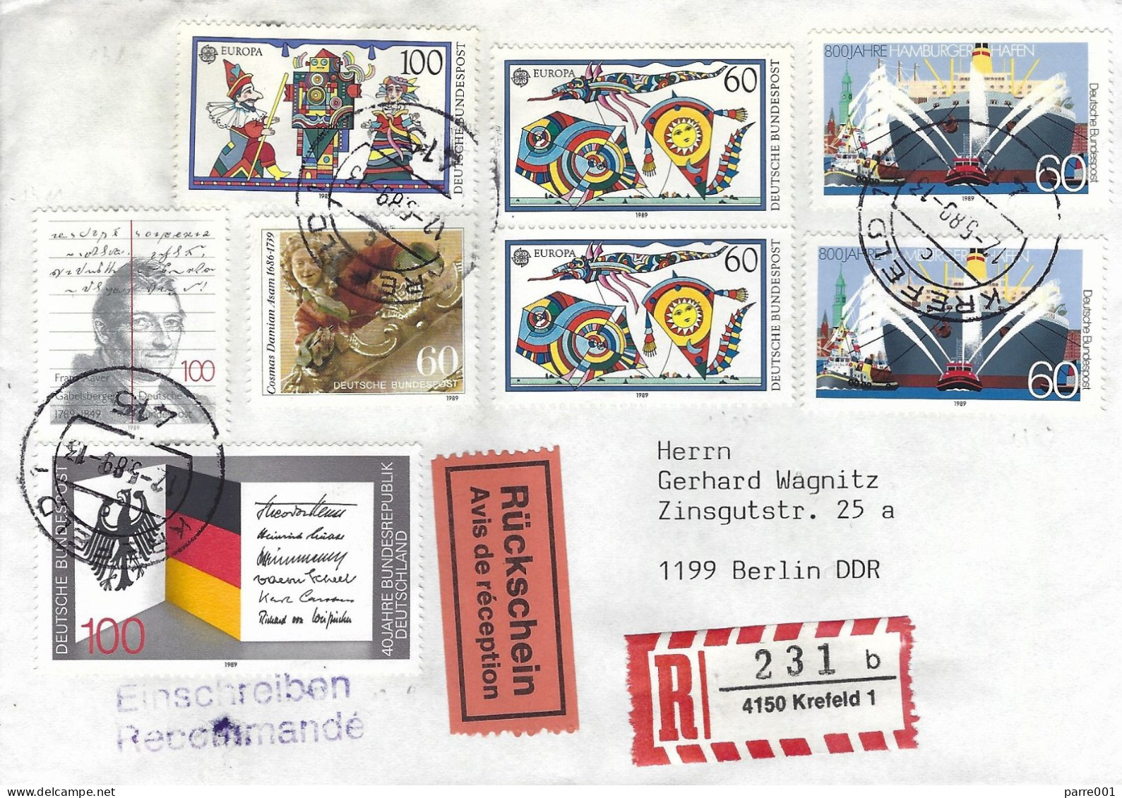 Deutschland Germany 1989 Krefeld CEPT Children Games Gabelsberger Shorthand AR Advice Receipt Registered Cover - 1989
