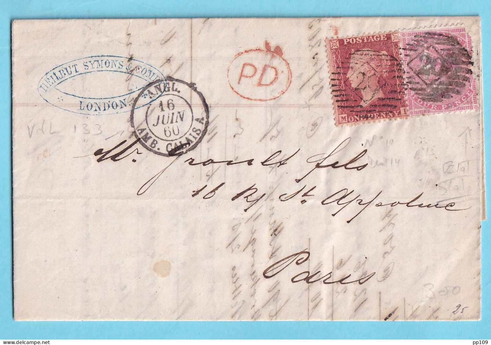 GB DEILBUT SYMONS LONDON PD Vers Paris  Ambulant AMB. CALAIS A 16 Juin 1860   - Storia Postale