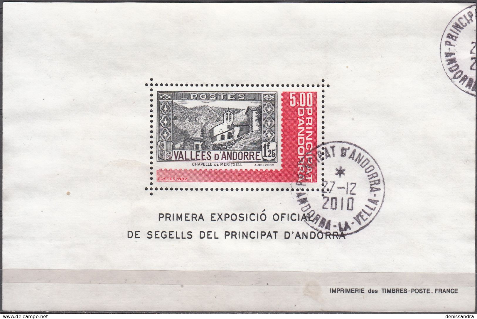 Andorre Français 1982 Michel Bloc Feuillet 1 O Cote (2008) 2.50 € Timbre Sur Timbre Cachet Rond - Blocks & Sheetlets