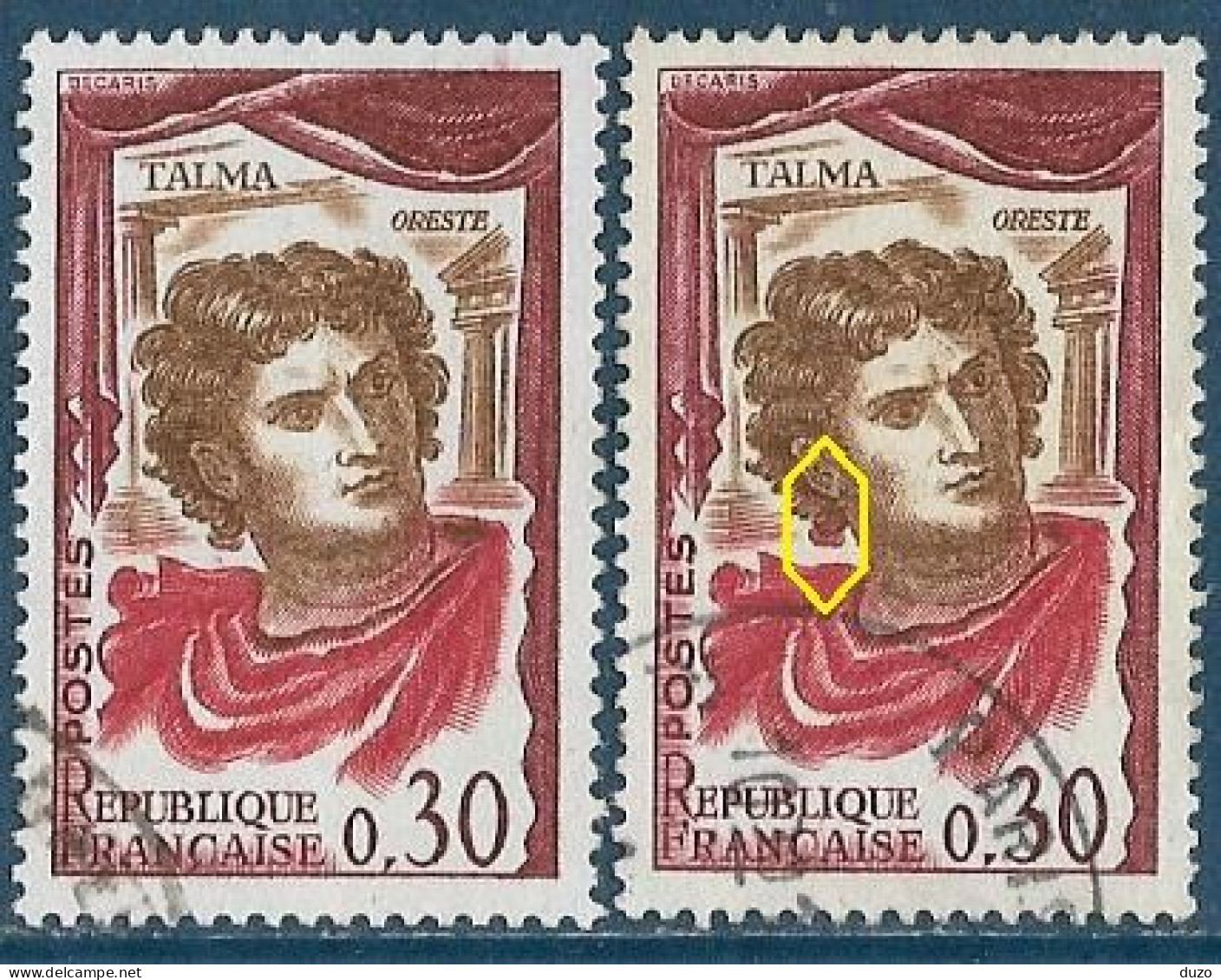 France 1961 - Variété -    Y&T N° 1302 Oblitérés Talma Boucles De Cheveux Rouge + Normal - Usados