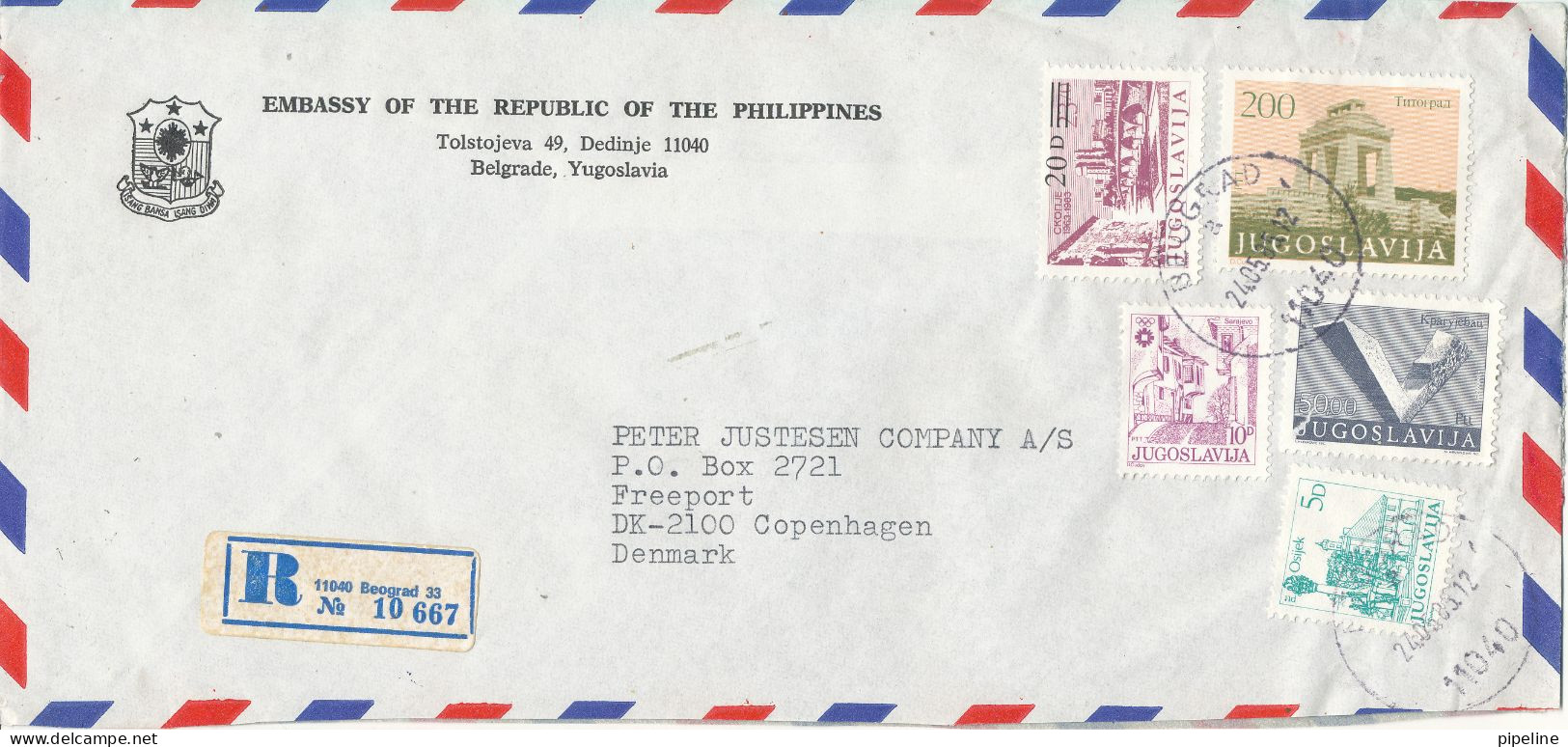 Yugoslavia Air Mail Cover Sent To Denmark 24-5-1985 Topic Stamps (from The Embassy Of Philippines Belgrade) - Aéreo