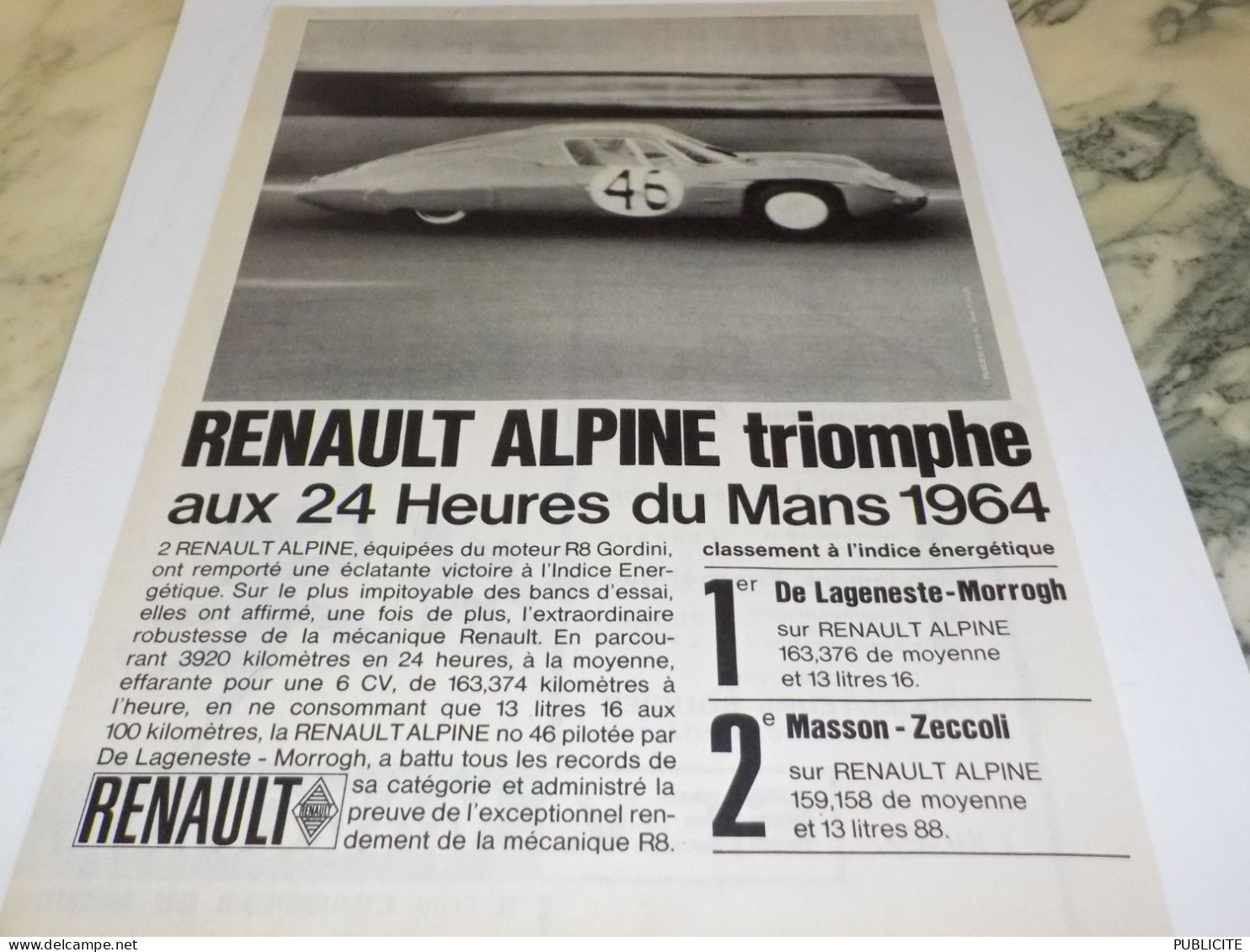 ANCIENNE PUBLICITE 24 HEURES DU MANS  ALPINE  RENAULT 1964 - Voitures