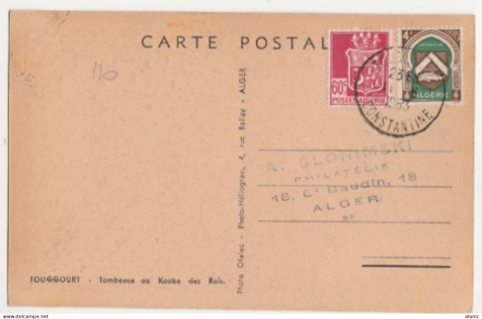 ALGERIE CARTE MAXIMUM DU N°110 40c. UN MARABOUT OBLITERATION TOUGGOURT 9-6-1953 CONSTANTINE - Maximumkaarten