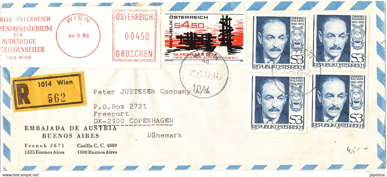 Austria Registered Air Mail Cover With Meter Cancel And Stamps Sent To Denmark 28-5-1985 - Briefe U. Dokumente