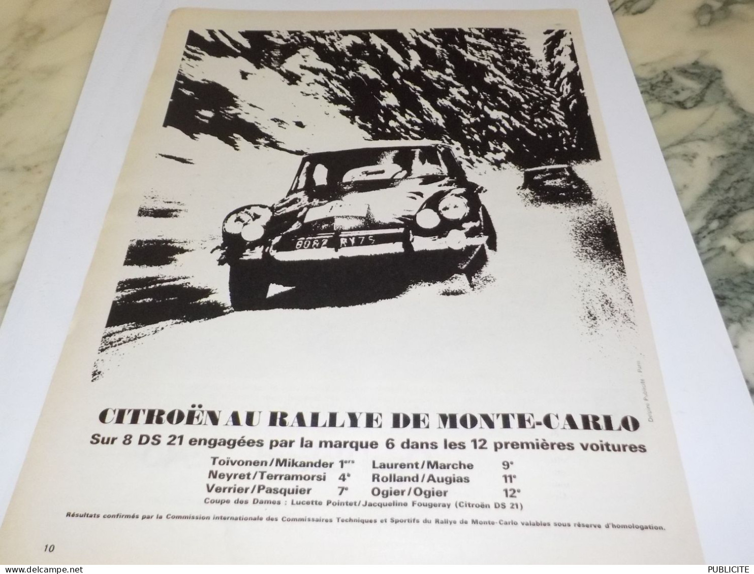 ANCIENNE PUBLICITE RALLYE DE MONTE CARLO CITROEN DS 1965 - Voitures