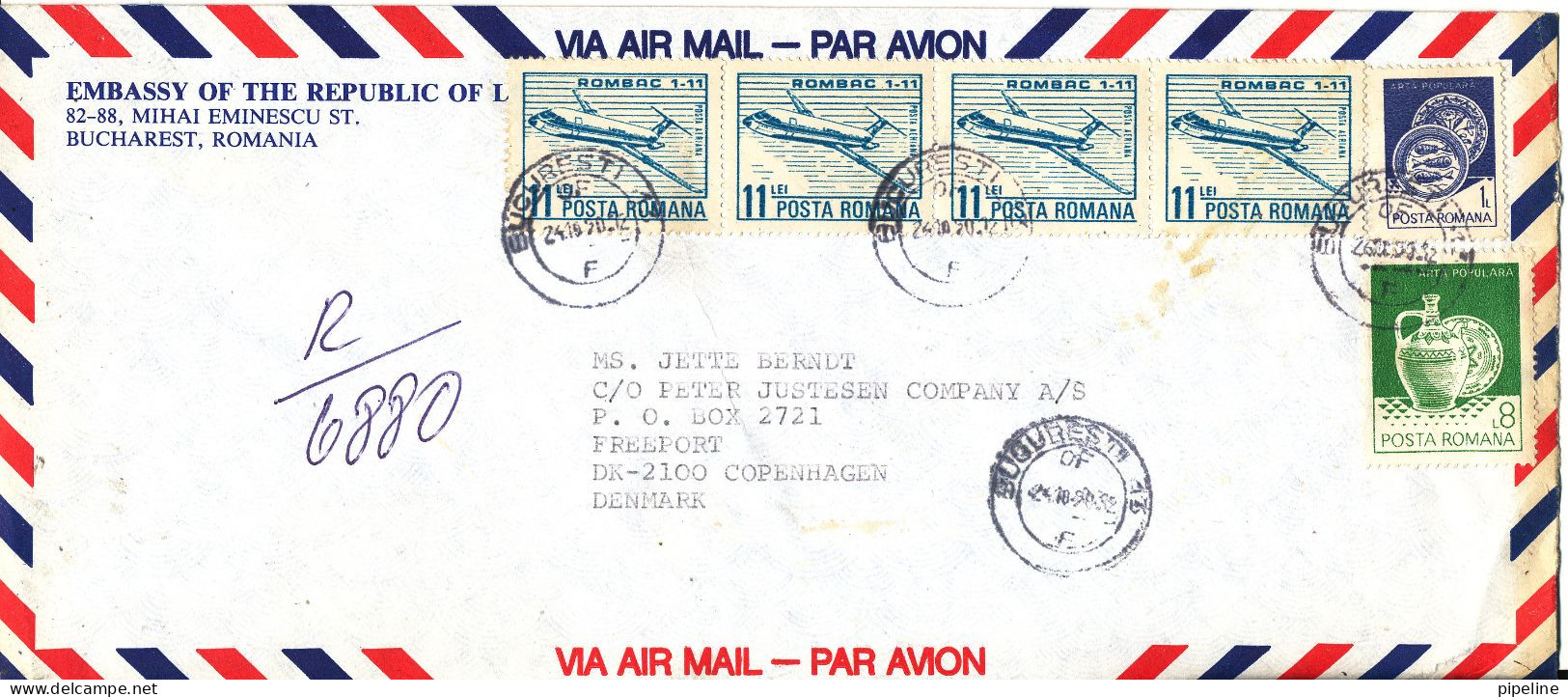 Romania Registered Air Mail Cover Sent To Denmark 24-10-1990 Topic Stamps (from The Embassy Of Liberia Bucharest) - Lettres & Documents