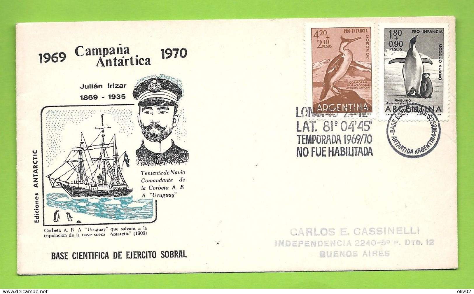 ARGENTINA - BASE CIENTIFICA DE EJERCITO SOBRAL // JULIAN IRIZAR - Lettres & Documents