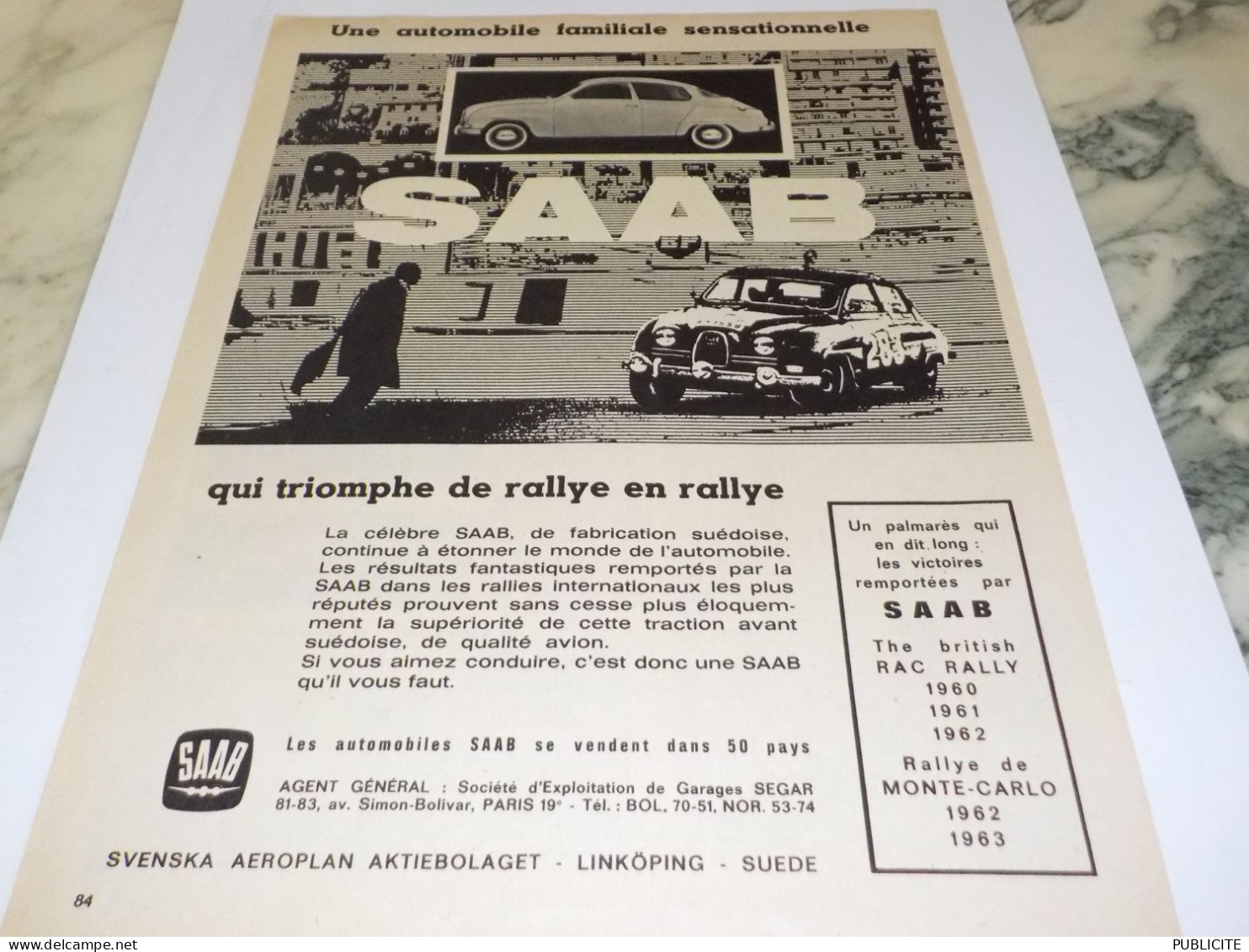 ANCIENNE PUBLICITE DE RALLYE EN RALLYE SAAB  1963 - Voitures