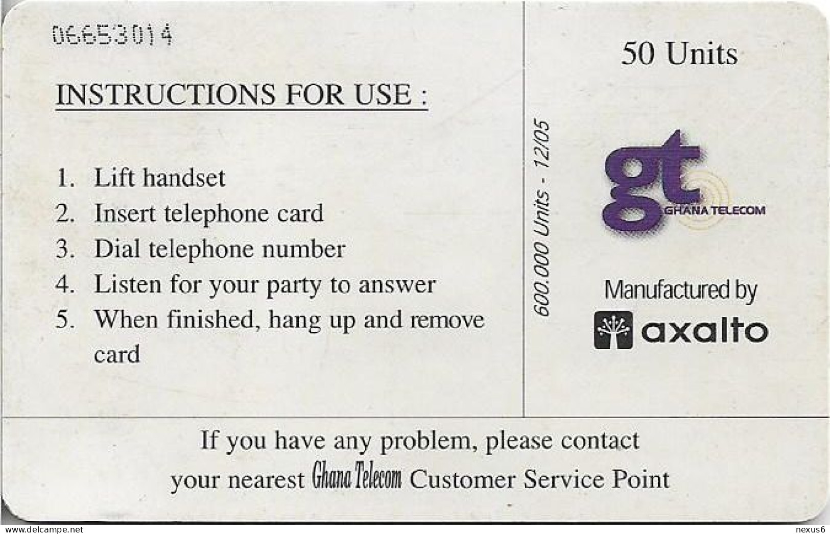 Ghana - Ghana Telecom - Western Union, Chip Axalto03, 12.2005, 50U, 600.000ex, Used - Ghana