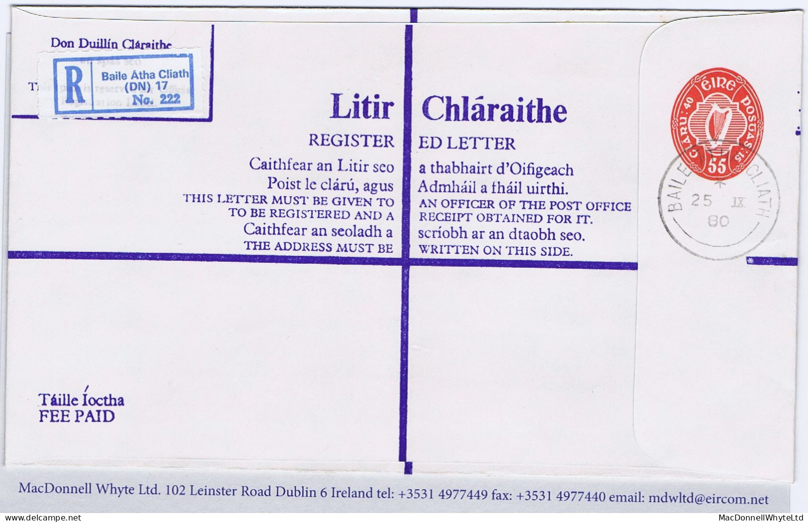 Ireland 1980 55p Red Registered Envelope Size H With Neat Dublin Cds 25 IX 80, Earlier Than Jung Records - Postal Stationery