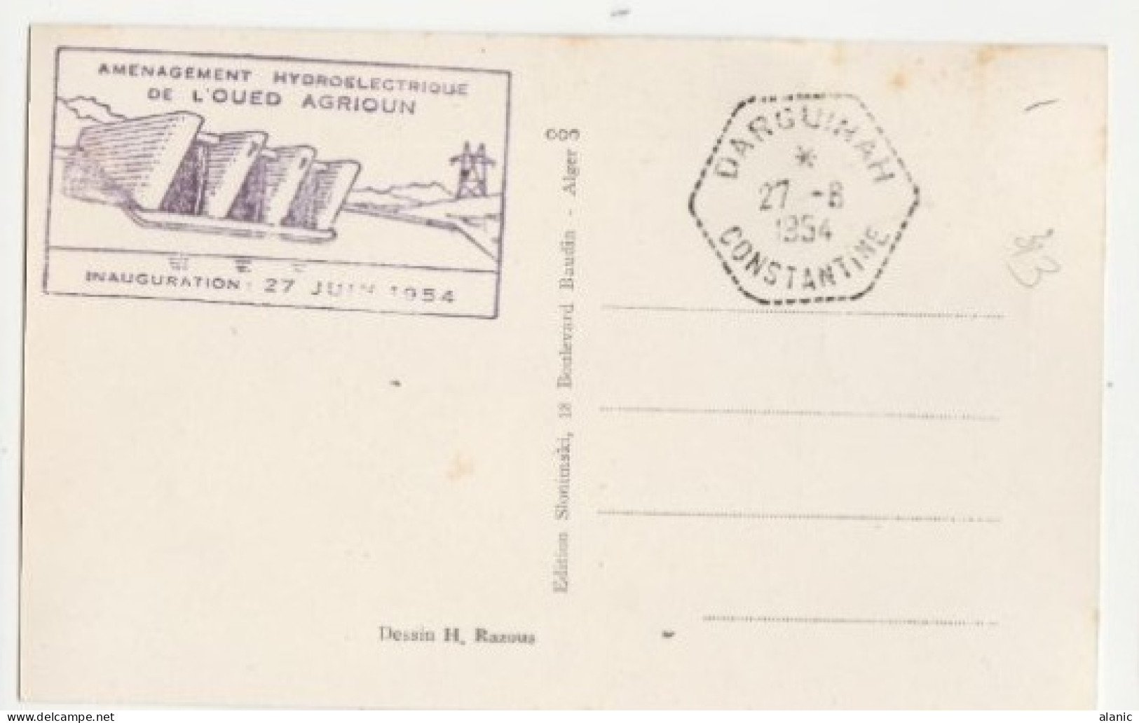 ALGERIE - DARGUINA DARGUINAH 27 Juin 1954 Usine Hydroélectrique N° Yv 313, CM Carte Maximum Dédicace Razo - Cartes-maximum