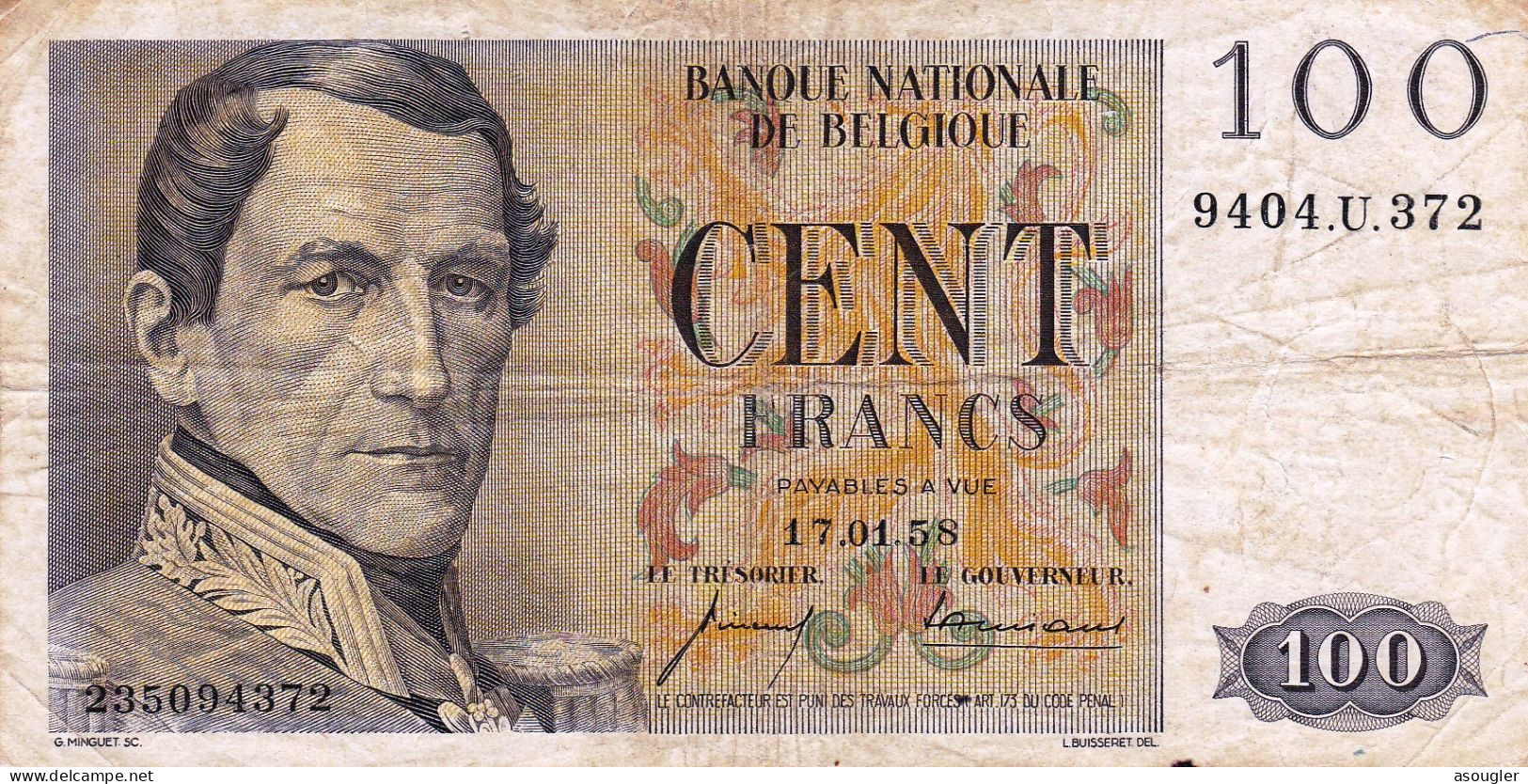 Belgium 100 Francs 1958 VF P-129c "free Shipping Via Registered Air Mail" - 100 Francos