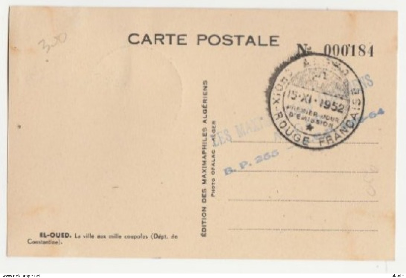 ALGERIE N°300 Carte Maximum 8 F + 2 F Croix Rouge 1952 P.J Du 15.11.1952 - Cartes-maximum