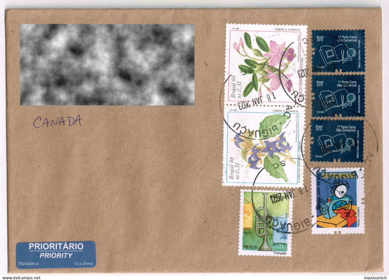 Brazil 1998  Flowers Plants Flora 2002 2005 Musical Instruments Trumpet Seamstress 2019 Philately Cover To Canada - Gebruikt