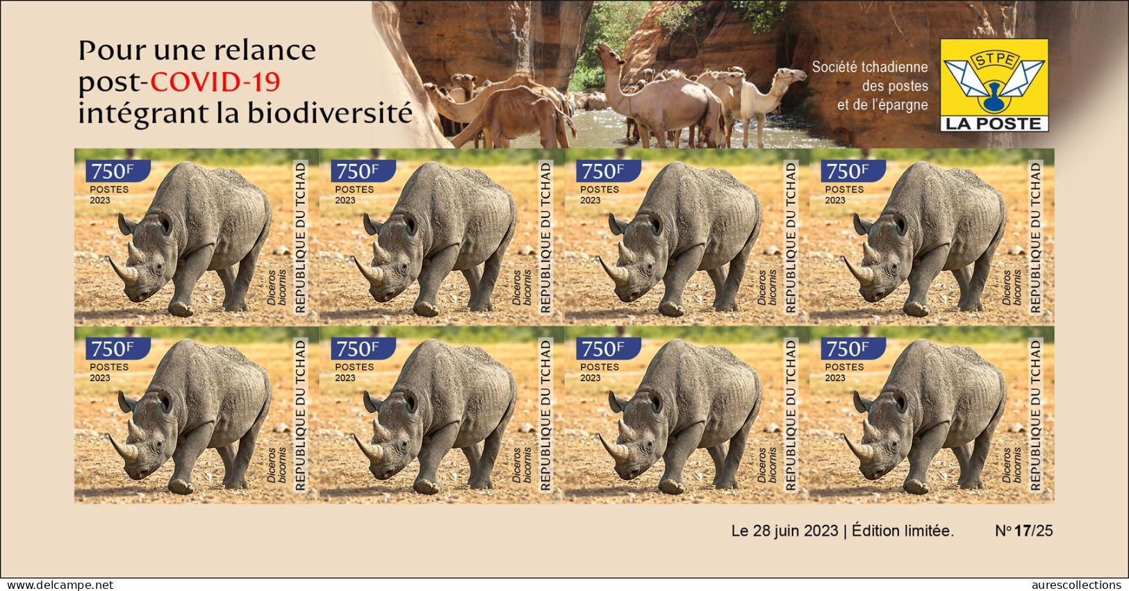 CHAD TCHAD 2023 IMPERF SHEET 8V - RHINOCEROS - COVID-19 CORONAVIRUS PANDEMIC CORONA RECOVERY - MNH - Rhinocéros