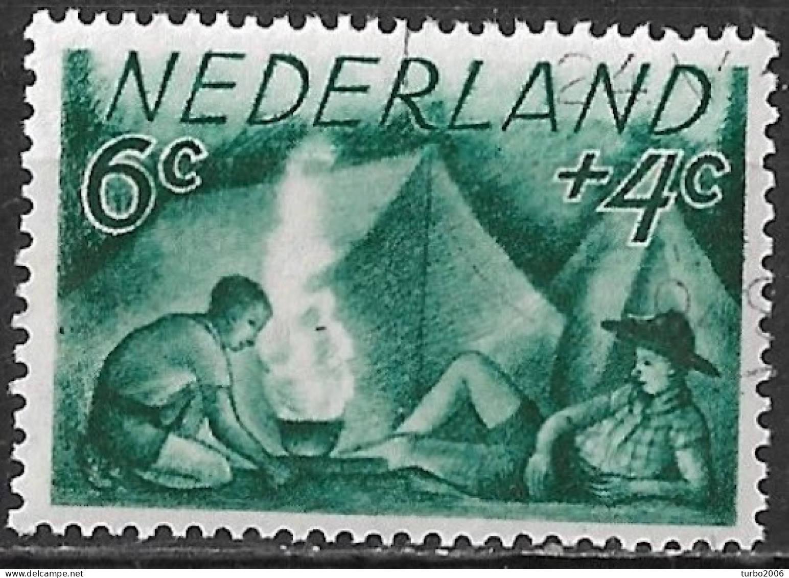 Plaatfout Donkergroen Krasje Rechts On De 4 (zegel 76) In 1949 Zomerzegel 6+4 Cent Groen NVPH 515 PM 5 - Variétés Et Curiosités