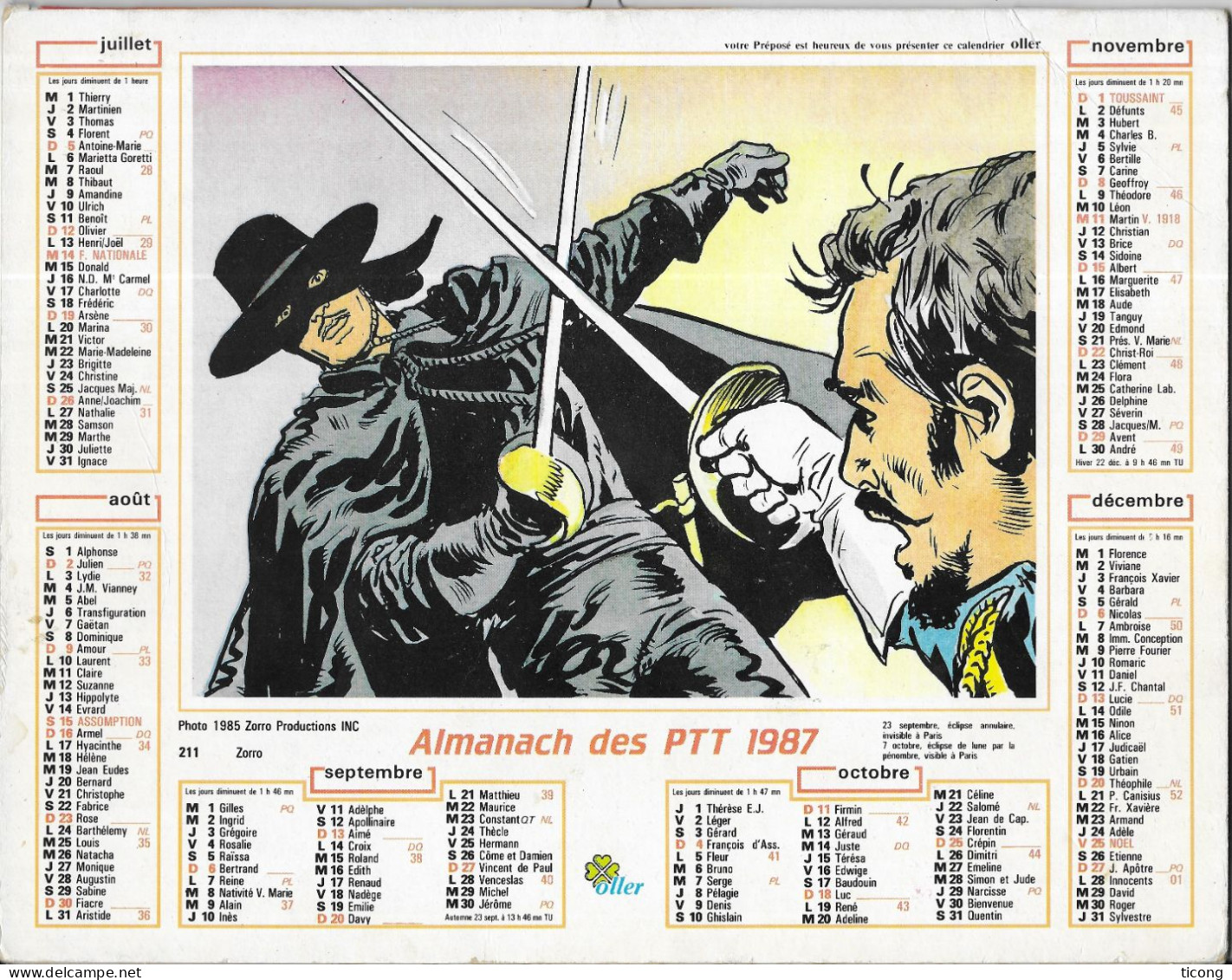 BD CALENDRIER ZORRO - ALMANACH DES PTT 1987 COMPLET DEPARTEMENT DU NORD, VOIR LES SCANNERS - Tamaño Grande : 1981-90