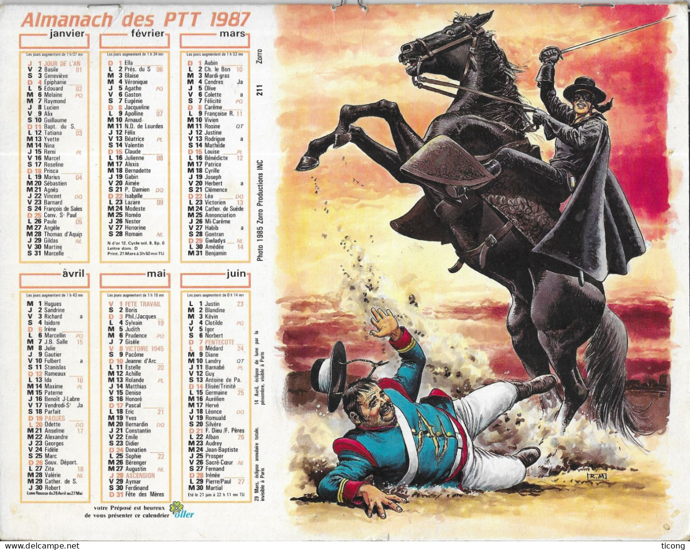 BD CALENDRIER ZORRO - ALMANACH DES PTT 1987 COMPLET DEPARTEMENT DU NORD, VOIR LES SCANNERS - Grossformat : 1981-90