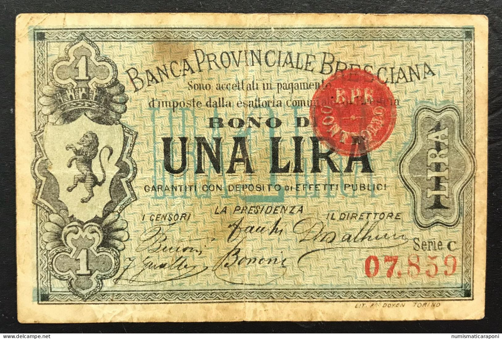 1 Lira Banca Popolare Bresciana 1871/1873 Biglietto Fiduciario Gav.06.0438.2 R3 RRR  BB LOTTO 3332 - Altri & Non Classificati