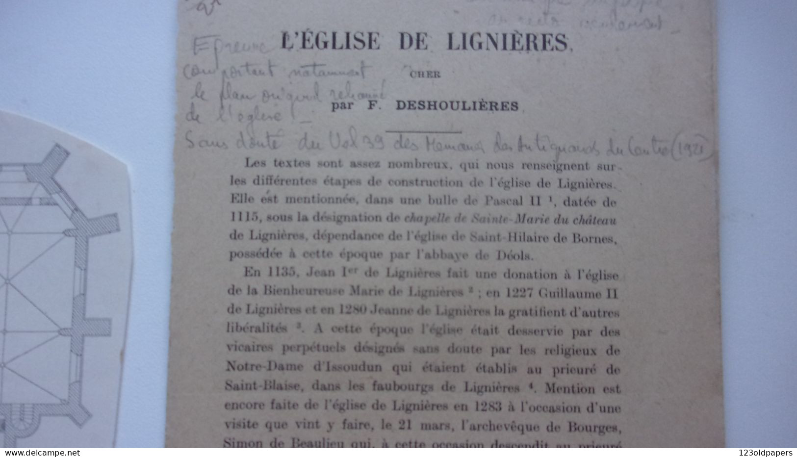 BERRY 1921 L EGLISE DE LIGNIERES PAR DESHOULIERES 16 PAGES EPREUVE AVEC PLAN REHAUSSE DE L EGLISE - Centre - Val De Loire