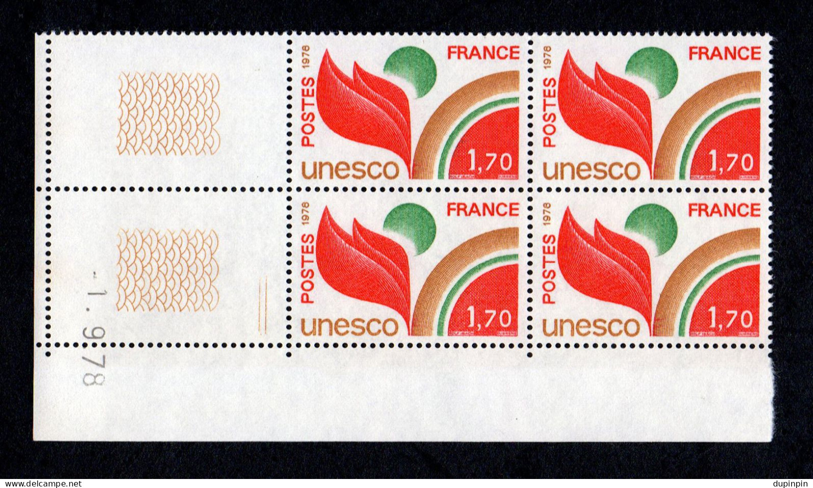 FRANCE / UNESCO / N° 57 ** 1,70 F Neufs Sans Charnière / Bloc 4 Timbres Coin Daté Du 1.9.78 - Servizio
