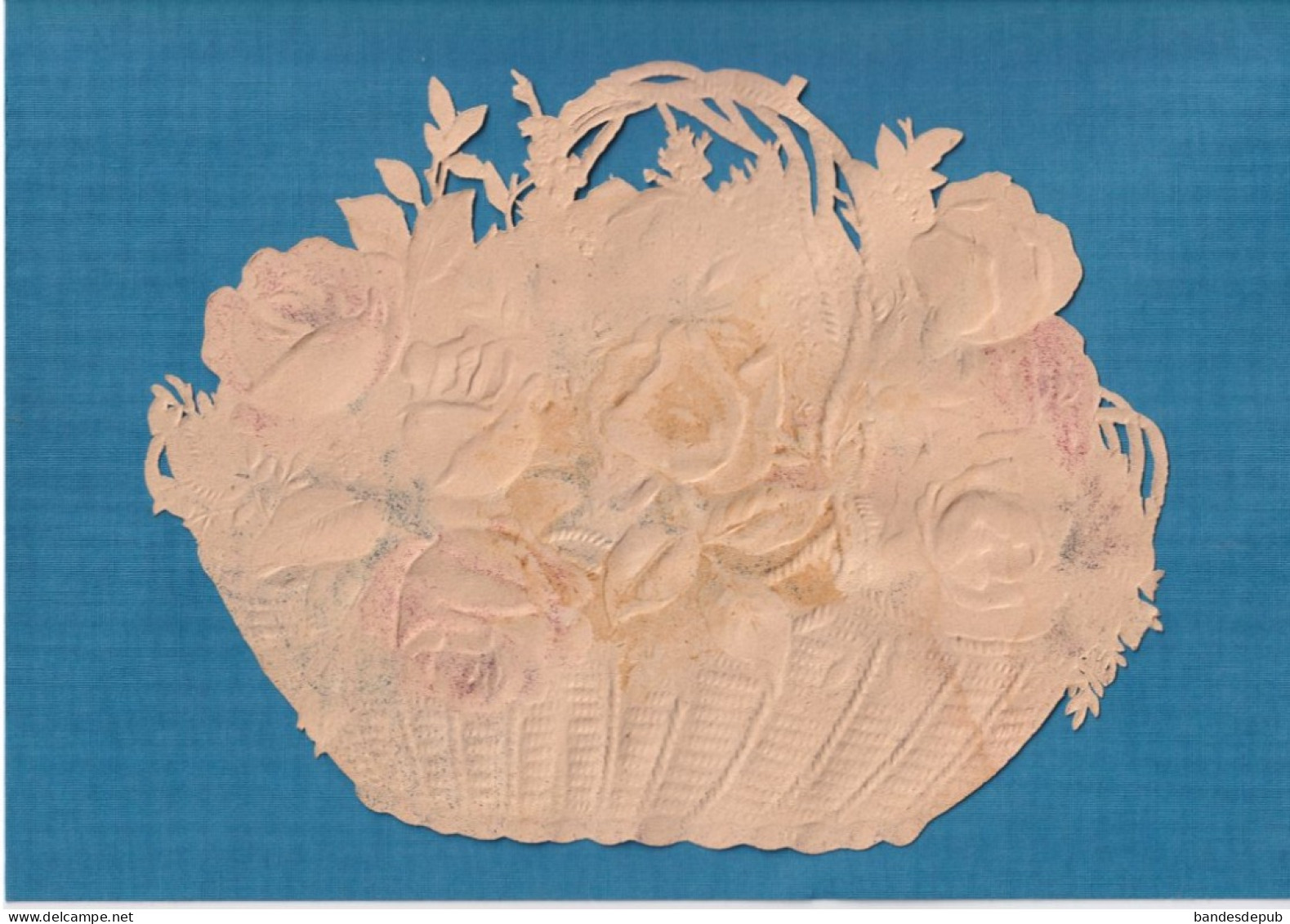 SUPERBE CHROMO DECOUPIS RELIEF BRILLANT Grand Format Panier Osier Fleurs Rose 18x 24 Cm Très Bel état - Fiori