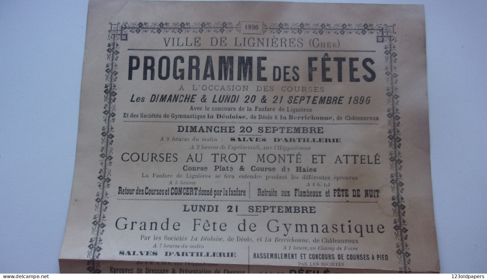 BERRY 1896 VILLE DE  LIGNIERES PROGRAMMES DES FETES COURSES AU TROT MONTE ATTELE HIPPISME GYMNASTIQUE - Plakate