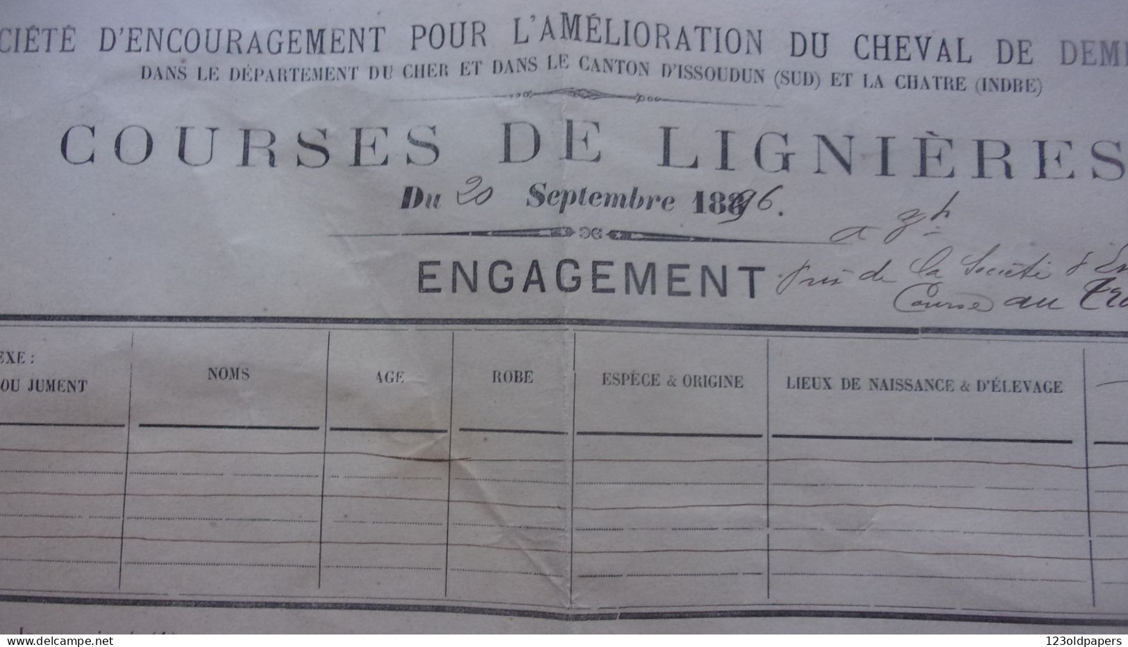 BERRY 1896  COURSES DE  LIGNIERES  ENGAGEMENT SOCIETE POUR AMELIORATION CHEVAL DEMI SANG HIPPISME ISSOUDUN LA CHATRE CAN - Programs