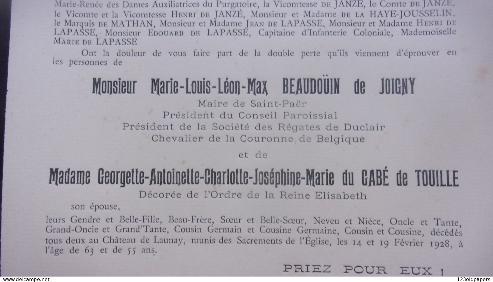 1928 MARIE LOUIS LEON MAX BEAUDOUIN DE JOIGNY MAIRE DE SAINT PAER ET GEORGETTE DU GABE DE TOUILLE LAUNAY DUCLAIR JUMIEGE - Todesanzeige