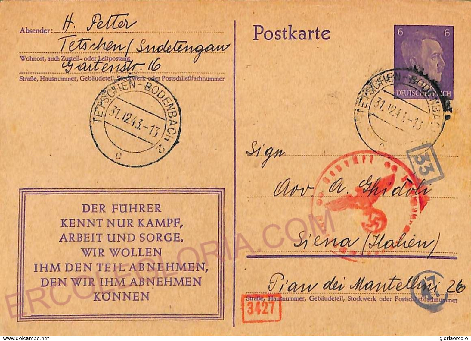 Ad5887 - CZECHOSLOVAKIA Germany - Postal History -  STATIONERY CARD From DECIN 1943 - Postcards