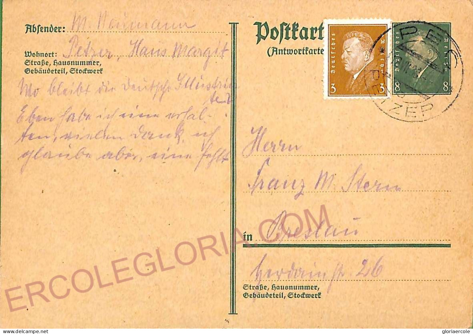 Ad5888 - CZECHOSLOVAKIA Germany - Postal History - STATIONERY CARD From PEC 1938 - Postcards
