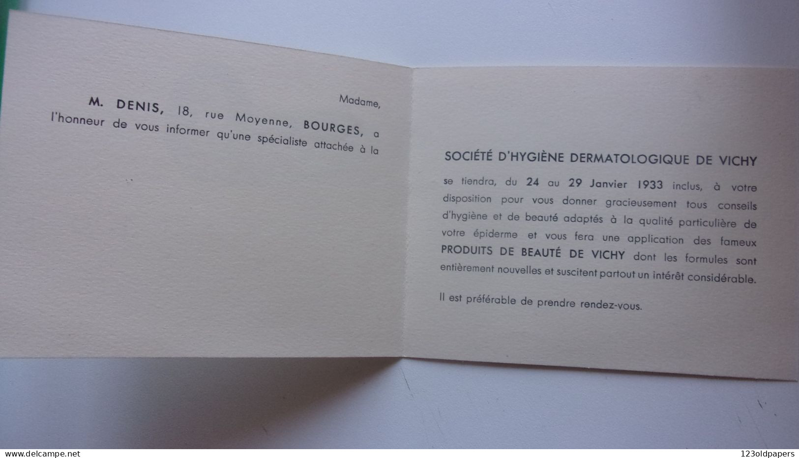 03 - VICHY - CARTE INVITATION 1933 FEMME FONTAINE SOCIETE D HYGIENE DERMATOLOGIQUE DE VICHY 17 RUE GEORGES CLEMENCEAU - Vichy