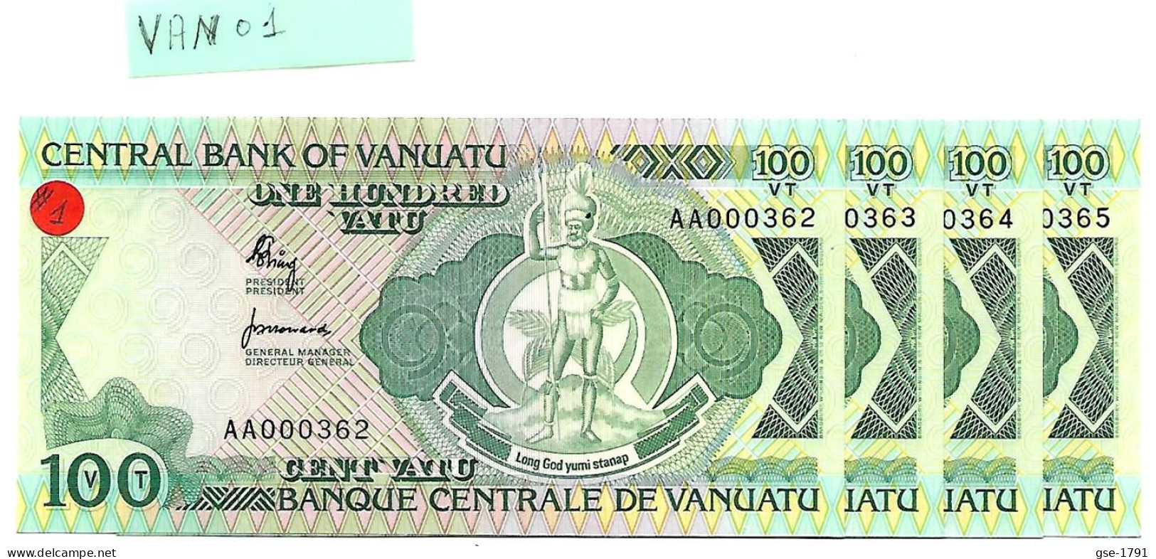 VANUATU 100 Vatu  Centrale BANK .1ère émission Année 1982 # 1  Petit N°  - 4 Billets à Suivre NEUFS - Vanuatu
