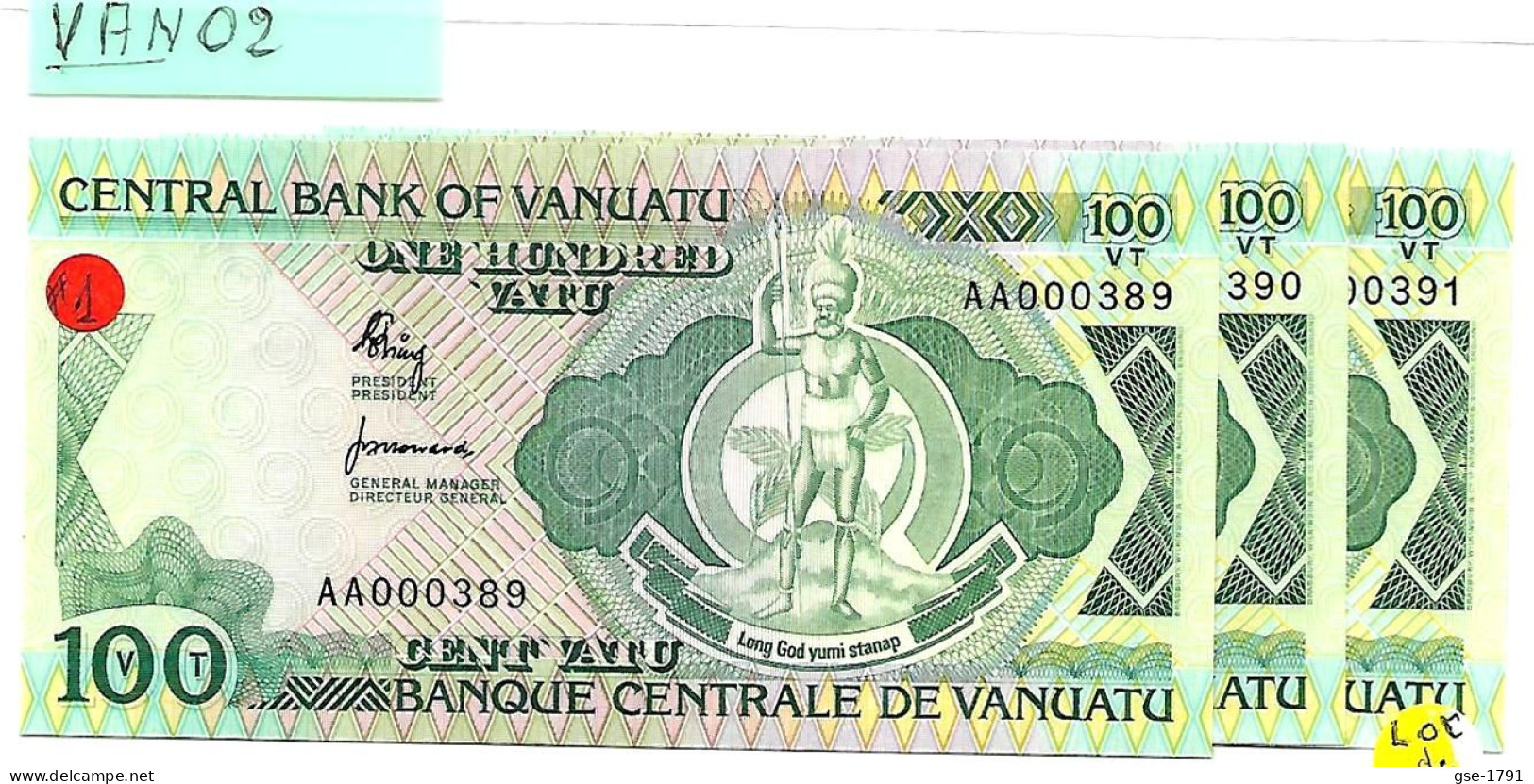 VANUATU 100 Vatu  Centrale BANK .1ère émission Année 1982 # 1  Petit N°  - 3 Billets à Suivre NEUFS - Vanuatu