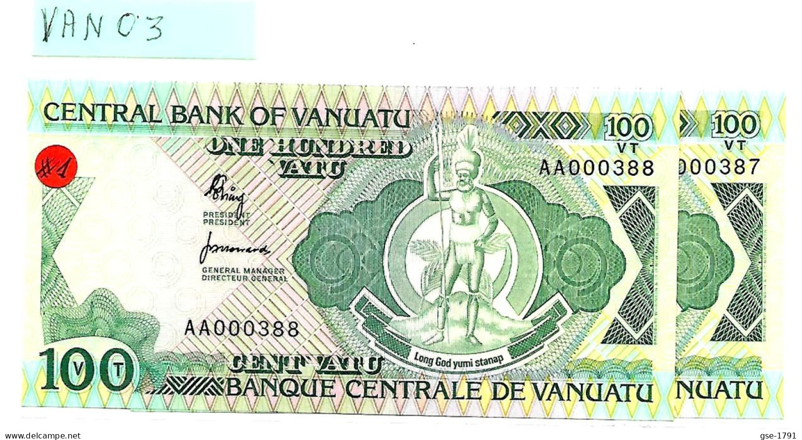 VANUATU 100 Vatu  Centrale BANK .1ère émission Année 1982 # 1  Petit N°  - 2 Billets à Suivre NEUFS - Vanuatu
