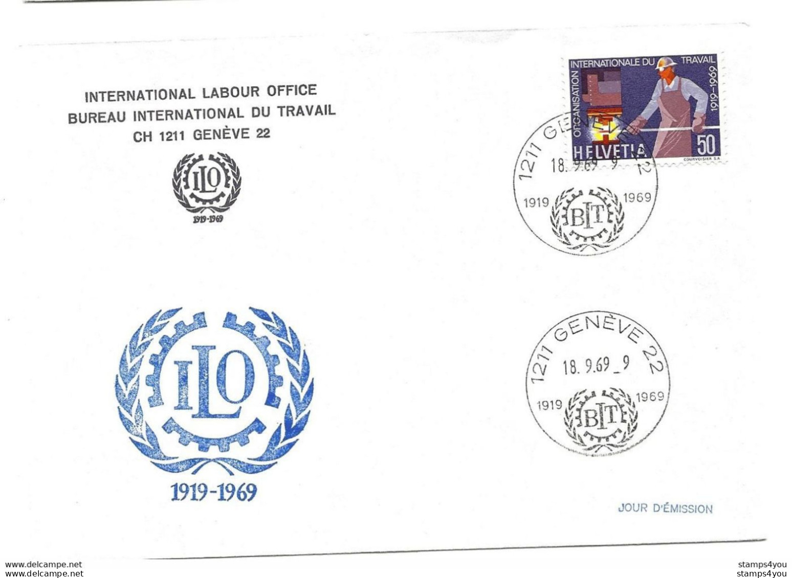 56 - 53 -  Enveloppe Suisse Avec Timbre Suisse Et Oblit Spéciale "50ans ILO/BIT" 1969 Genève - IAO