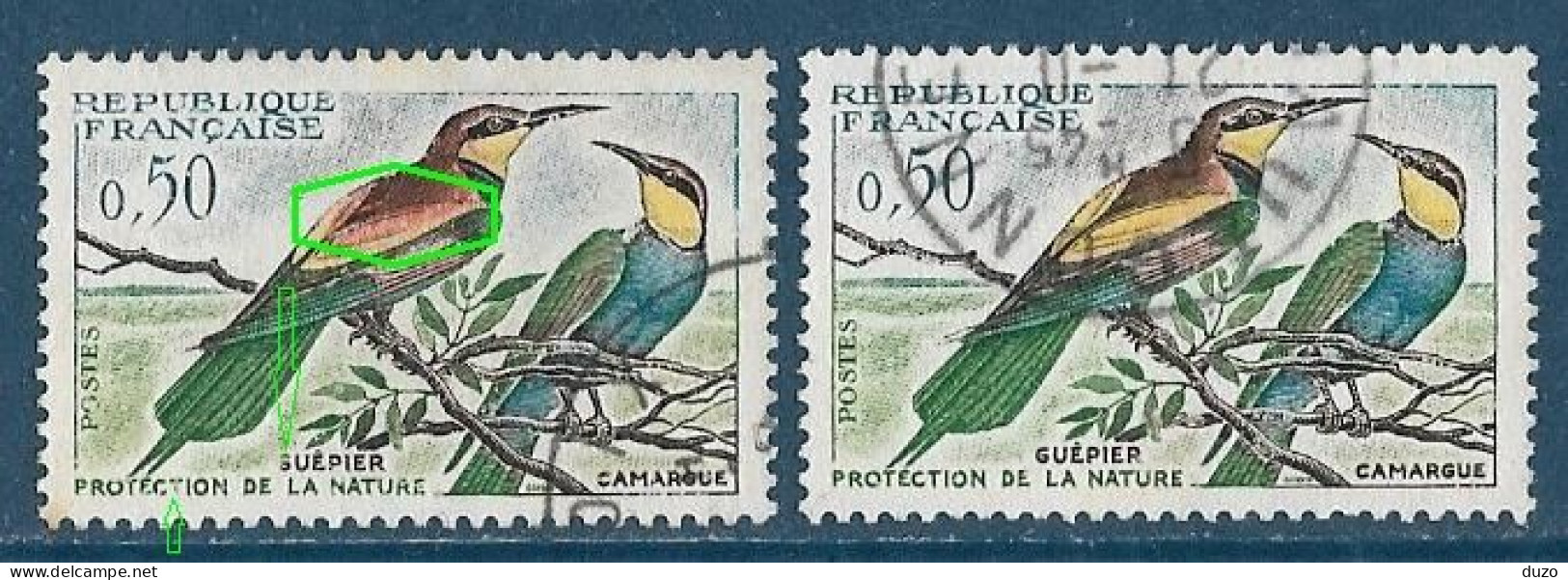France 1960 - Variété -  Oiseaux Guépiers Y&T N° 1276 Oblitérés Plumage Rouge Au Lieu De Jaune +  1 Normal - Used Stamps