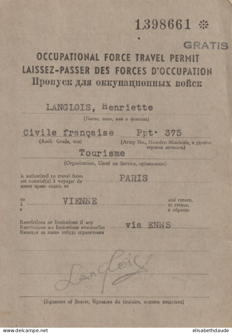 1954 - CARTE LAISSER-PASSER ALLIE (TARDIF !!) - ZONE D'OCCUPATION AUTRICHE - PARIS à VIENNE Via ENNS - 1939-45