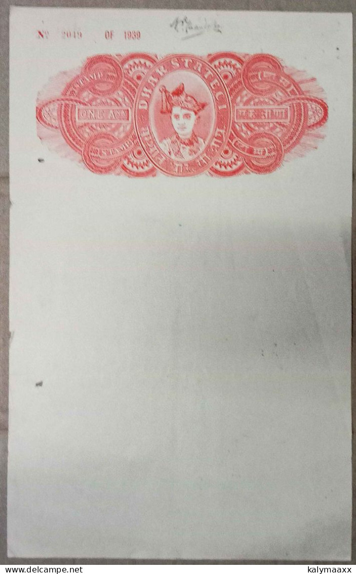 BRITISH INDIA 1939 DHAR STATE ONE ANNA STAMP PAPER...UNUSED, MINT, RARE - Dhar