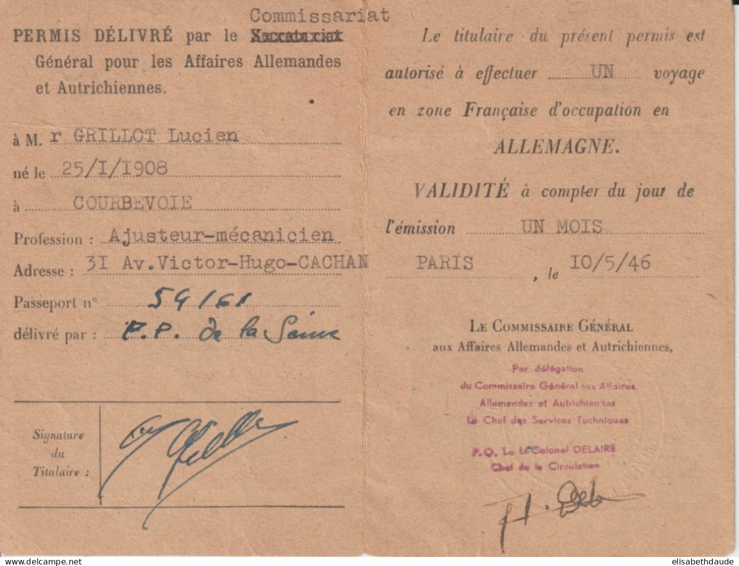 1946 - PERMIS MILITAIRE DE CIRCULATION En ZONE FRANCAISE OCCUPATION En ALLEMAGNE - - 1939-45