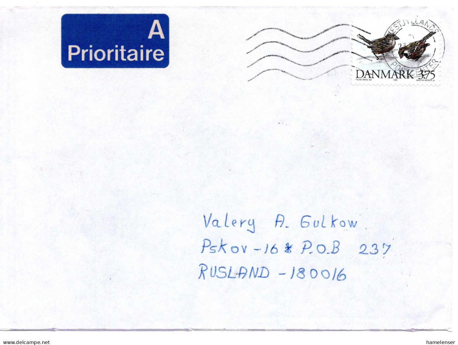 67987 - Dänemark - 1995 - Kr.4,75 Spatzen EF A LpBf VESTJYLLANDS POSTCENTER -> PSKOV (Russland) - Sparrows