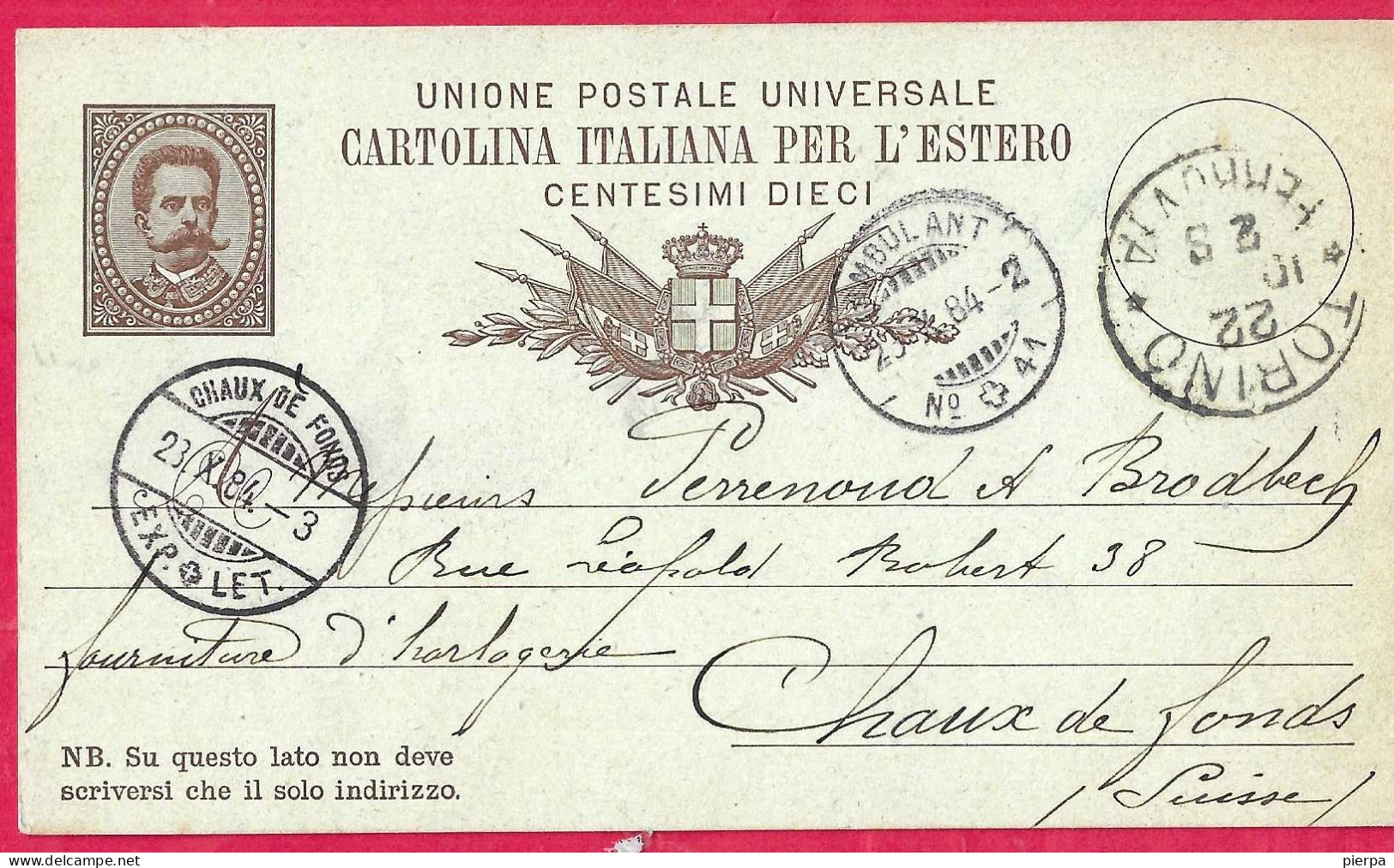 SVIZZERA- ANNULLO AMBULANTE "AMBULANT*23.X.84*/N° 41" SU CARTOLINA POSTALE UMBERTO(INT. 9A) DA TORINO PER CHAUX DE FONDS - Bahnwesen