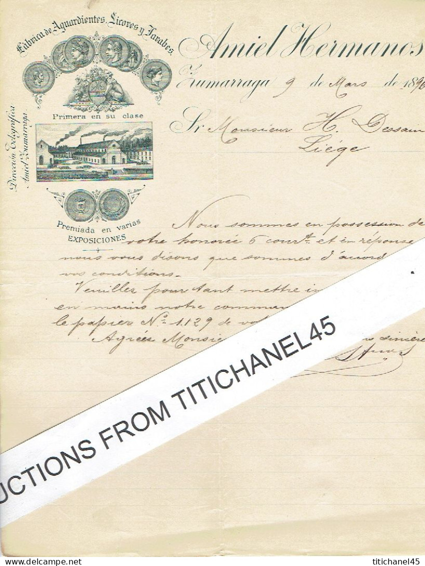 Carta 1896 ZUMARRAGA - AMIEL HERMANOS - Fabrica De Aguardientes, Licores Y Arabes - España