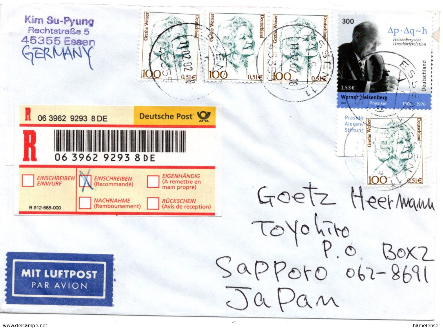 67994 - Bund - 2002 - 300Pfg/€1,53 Heisenberg MiF A R-LpBf ESSEN -> Japan - Storia Postale
