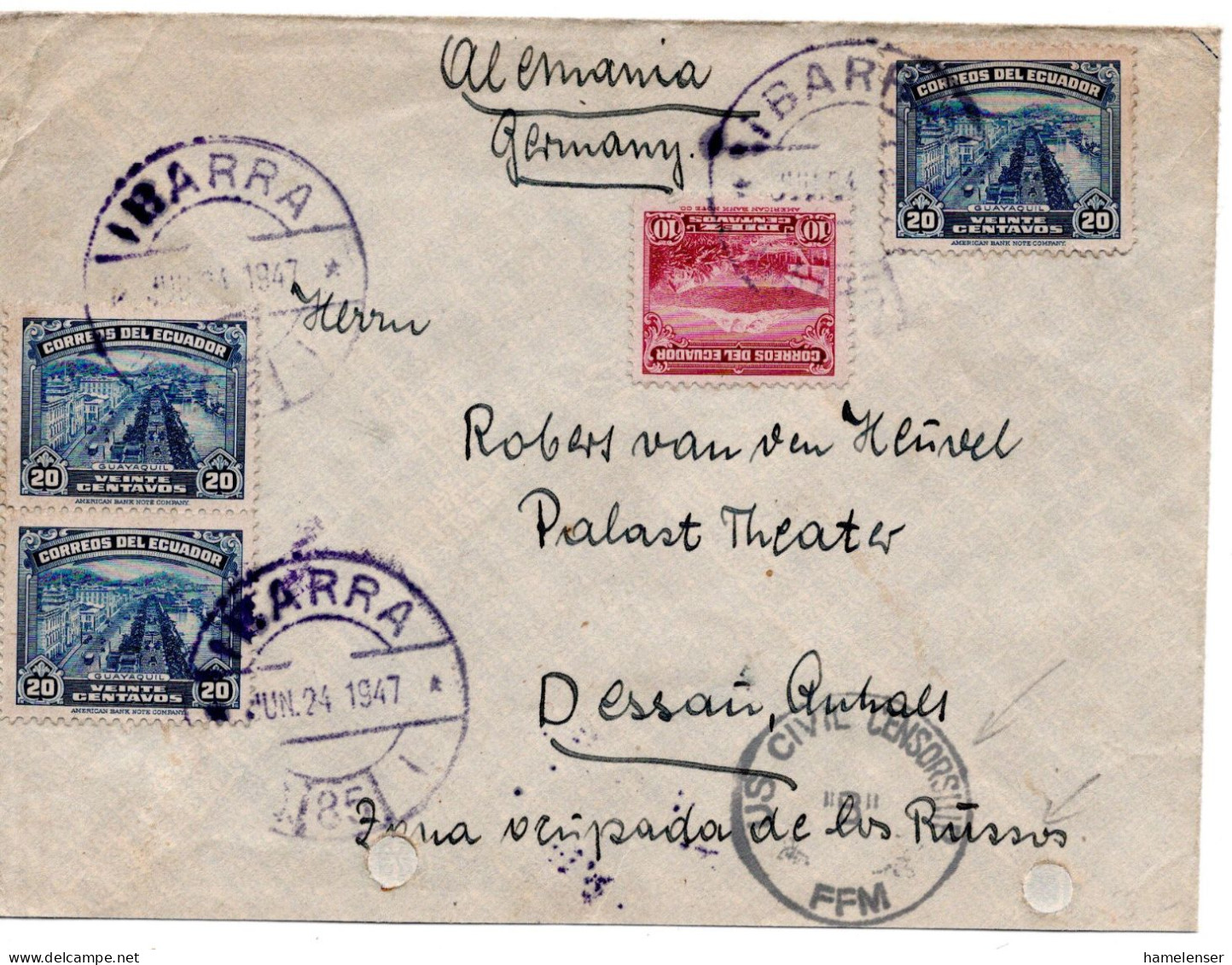 67995 - Ecuador - 1947 - 3@20c Guayaquil MiF A Bf IBARRA -> SBZ, M US Zivilzensur, Aktenlochung U (rep) - Ecuador