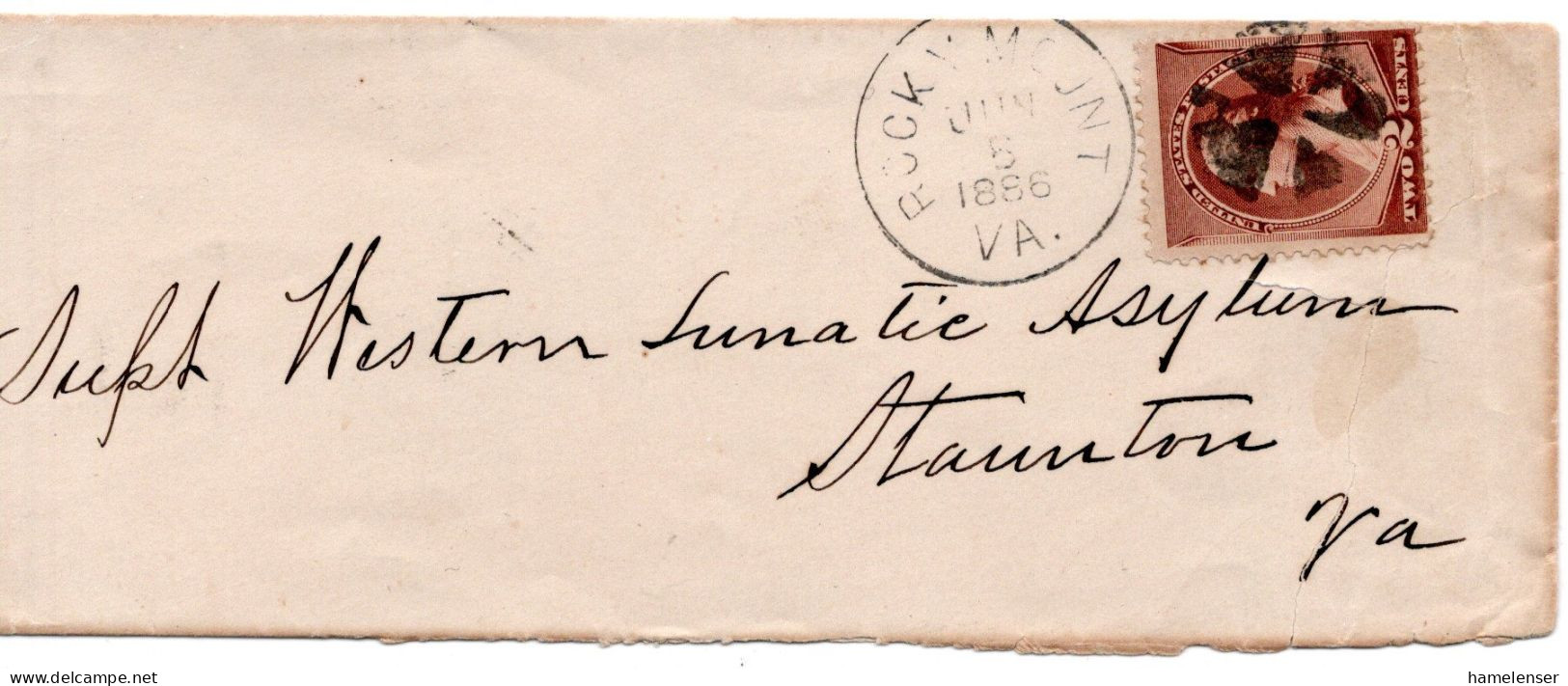 67996 - USA - 1886 - 2¢ EF A Bf (red) ROCKY MOUNT VA -> STAUNTON, VA, Adressiert An Irrenanstalt, Li & U Reduz - Lettres & Documents